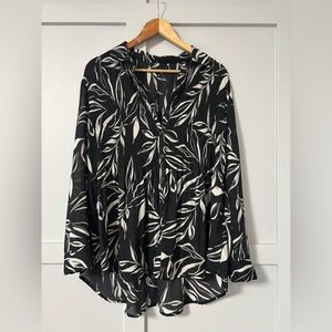 Black and Off White Leaf Print Smock Tunic